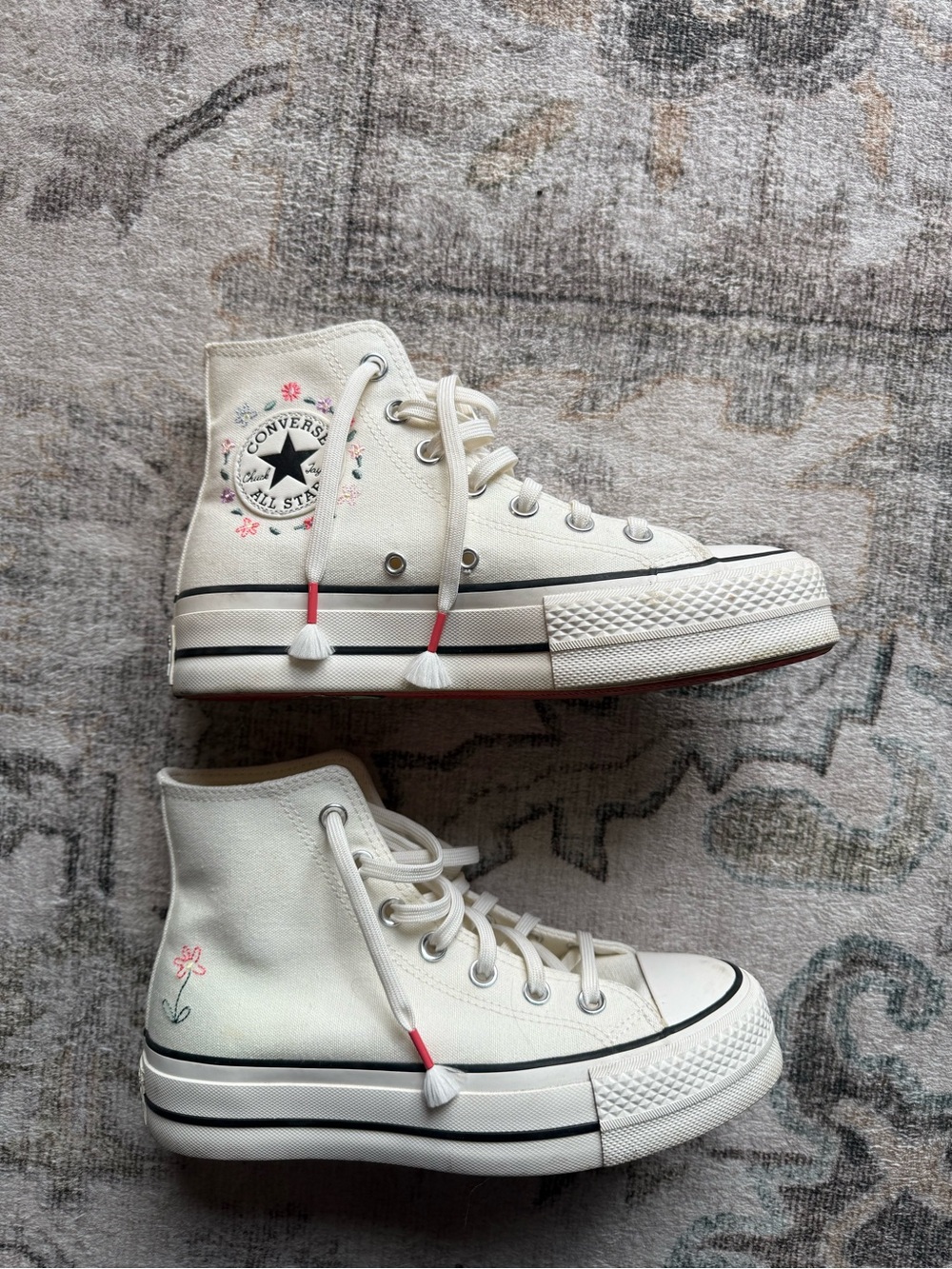 Converse High Top Platform Sneakers with Pink Floral Embroidery